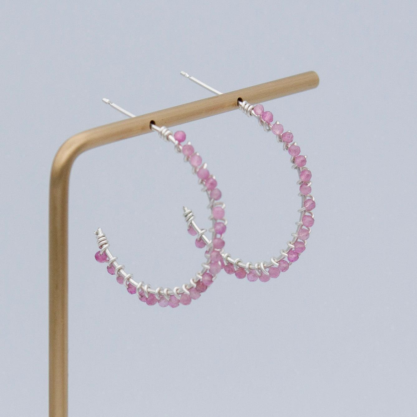 Pink Tourmaline Beaded Sterling Silver Hoop Earrings - petguardiansupplies