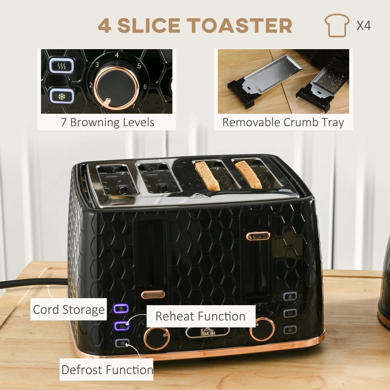 1.7L 3000W Fast Boil Kettle & 4 Slice Toaster Set, Kettle and Toaster Set with 7 Browning Controls, Crumb Tray, Black-4