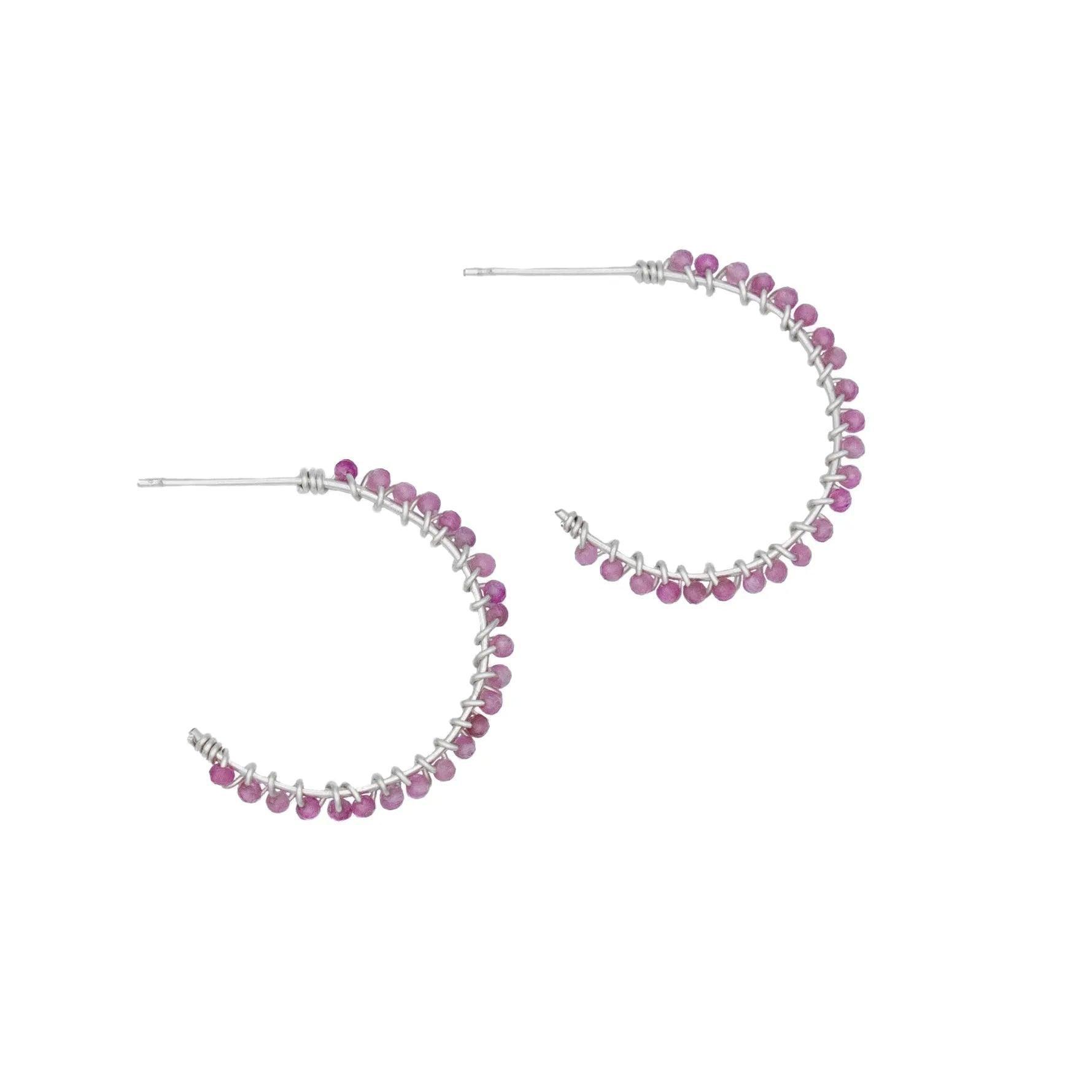 Pink Tourmaline Beaded Sterling Silver Hoop Earrings - petguardiansupplies