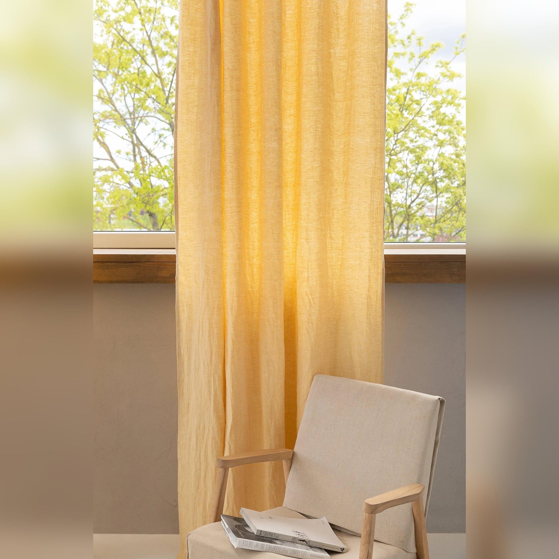 Canary Yellow linen curtain with pleating tape - petguardiansupplies