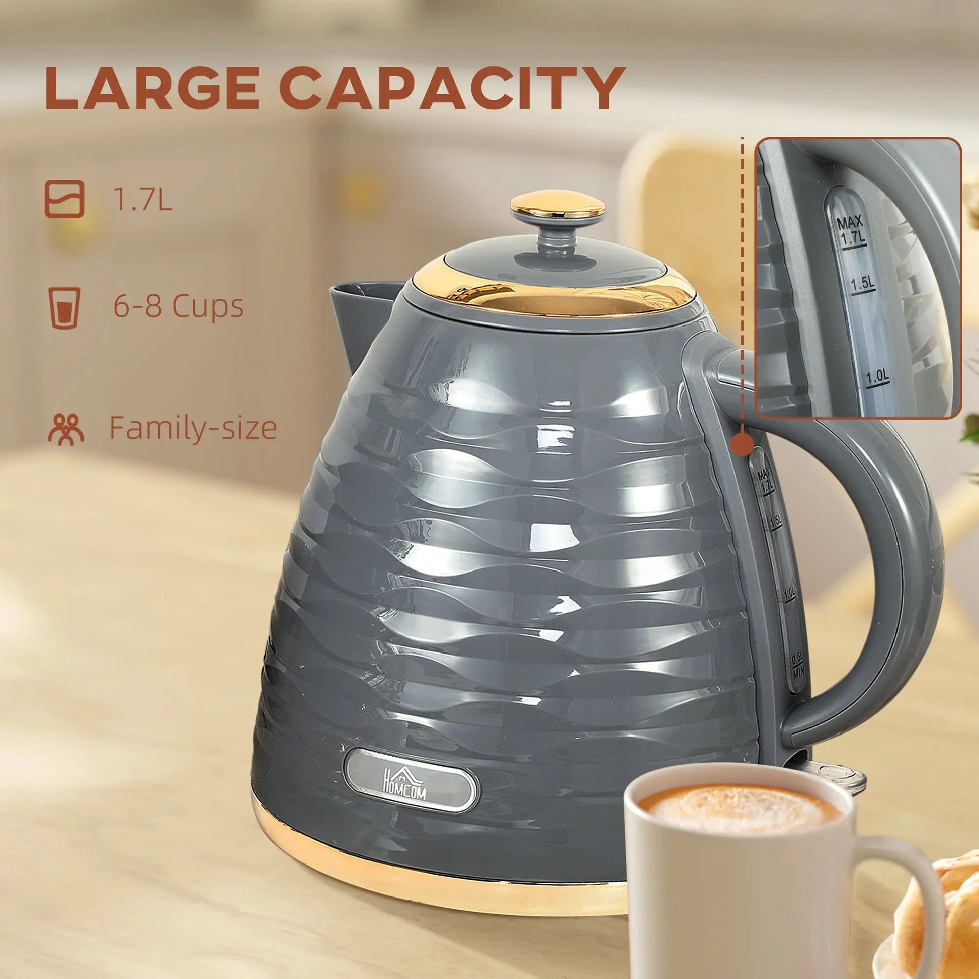 Electric Kettle, 1.7L, Fast Boil, 3kW Water Kettle with Removable Washable Anti-scale Filter, Auto Shut-off, 360° Swivel, BPA Free, Grey Water Ripple Texture-4