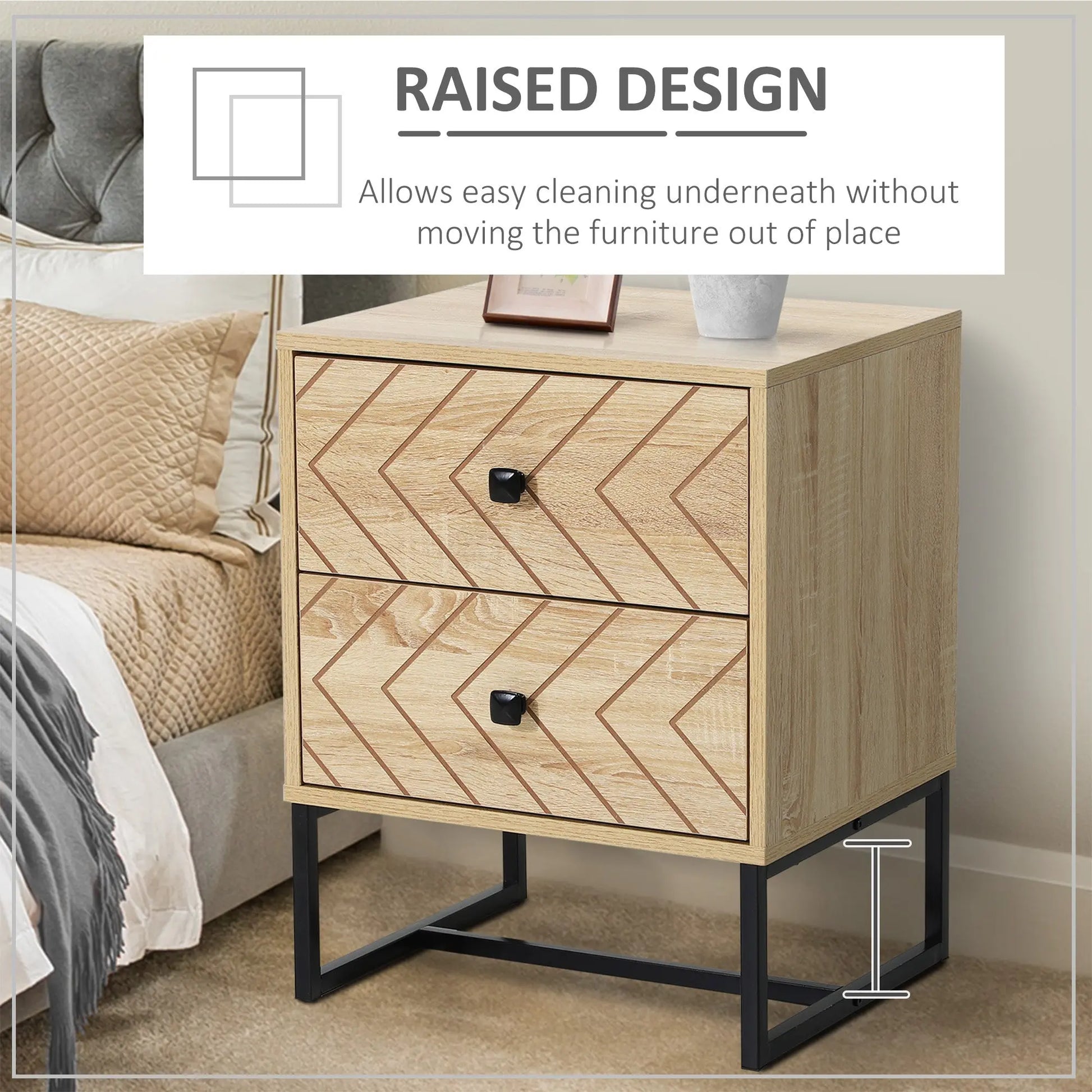 Bedside Table Nightstand Two-Draw Bedroom Storage Unit Unique Zig Zag Design w/ Black Metal Handles Melamine Finish-3