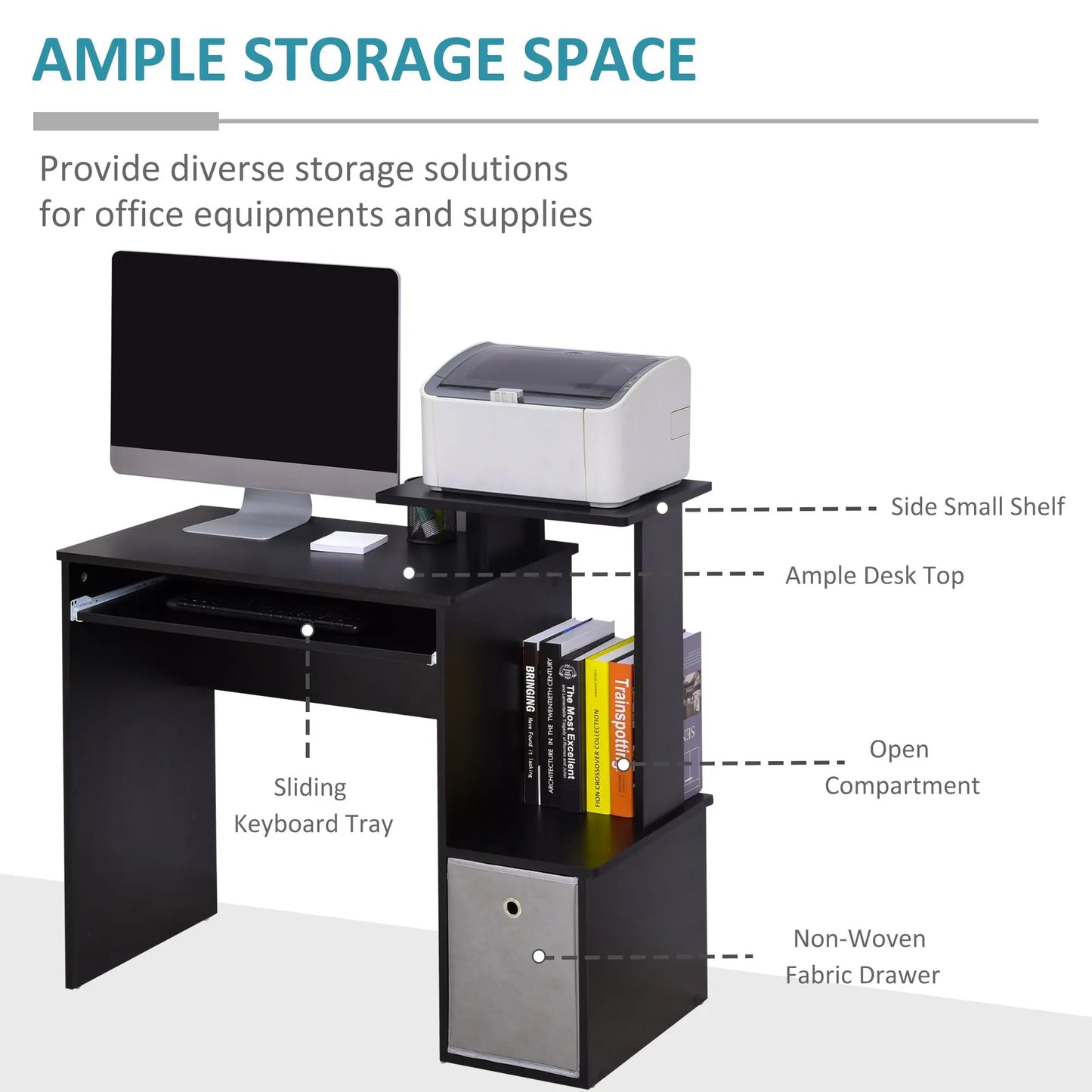 Computer Desk with Sliding Keyboard Tray Storage Drawer Shelf Home Office Workstation Black-3