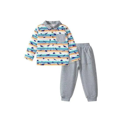 Spring And Autumn Boys Casual Dinosaur Print Striped Long Sleeve Top - petguardiansupplies