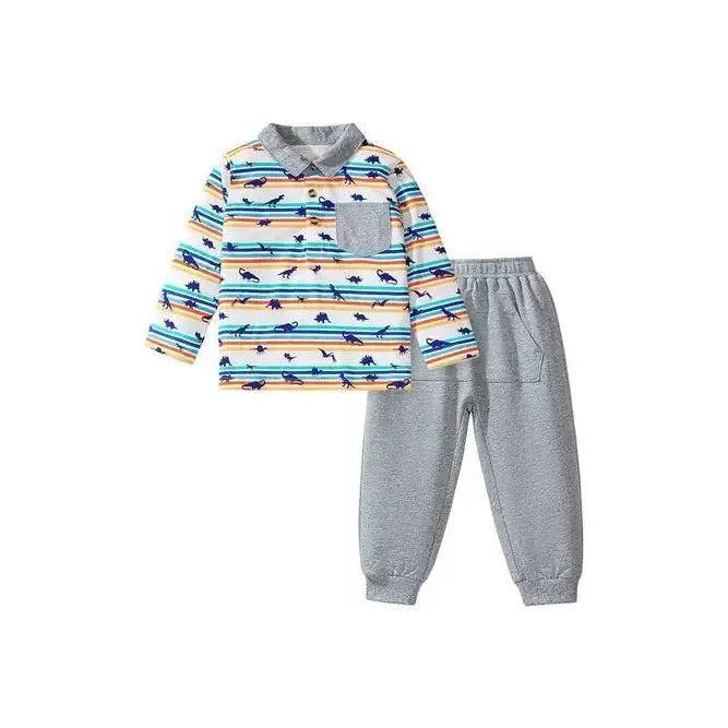 Spring And Autumn Boys Casual Dinosaur Print Striped Long Sleeve Top - petguardiansupplies