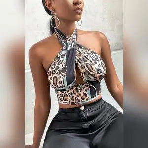 Black Chain Print Underbust Cross Over Halter Neck Top Crop Polyester - petguardiansupplies