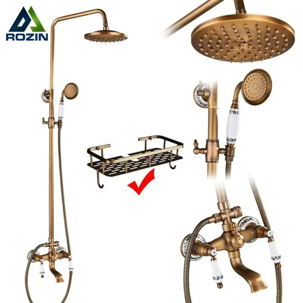 Brass Antique Shower Faucets Set  Porcelain Ceramic Shower Column Swivel Rotate Bath Spout Dual Knobs Mixer Tap Bath Shower Kit - petguardiansupplies