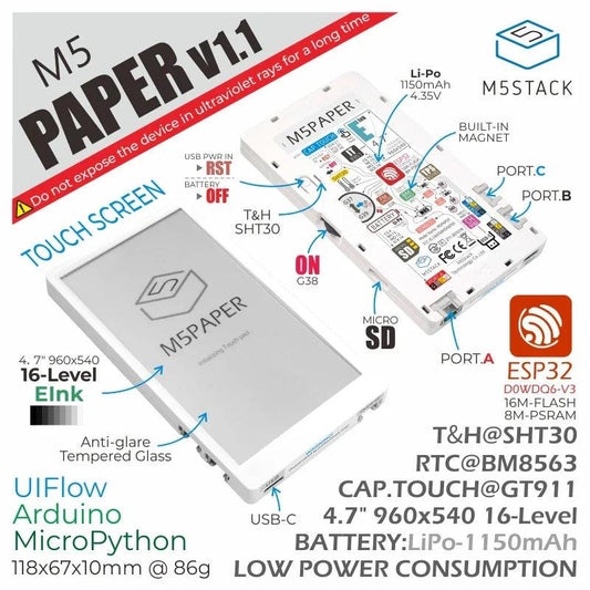 M5Stack Official M5Paper ESP32 Development Kit V1.1 (960X540, 4.7" eInk display, 235 ppi) - petguardiansupplies