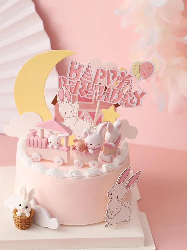 Pink Bunny Train Baby Decoration Happy Birthday Rabbit Moon Cake Topper for Children Kid Party Baking Supplies Lovely Gifts - petguardiansupplies