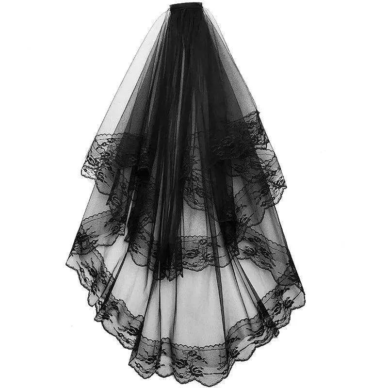 Black White Lace Bridal Veils with Comb Short Two Layer Elegant Vintage Wedding Veils for Bride Cosplay Costume Hair Accessories - petguardiansupplies