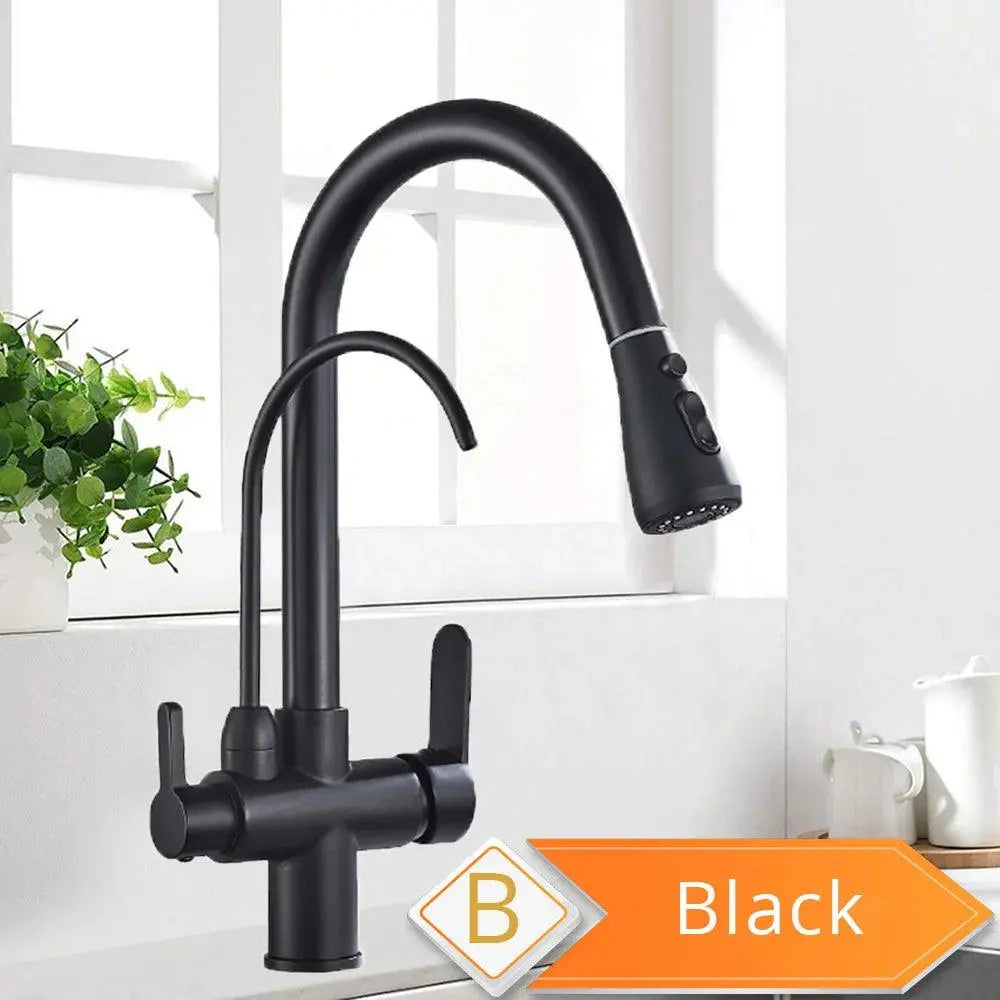 Black and Golden Filtered Crane For Kitchen Pull Out Sprayer  drinking water Three Ways Water Filter Tap Kitchen Faucet hot cold - petguardiansupplies