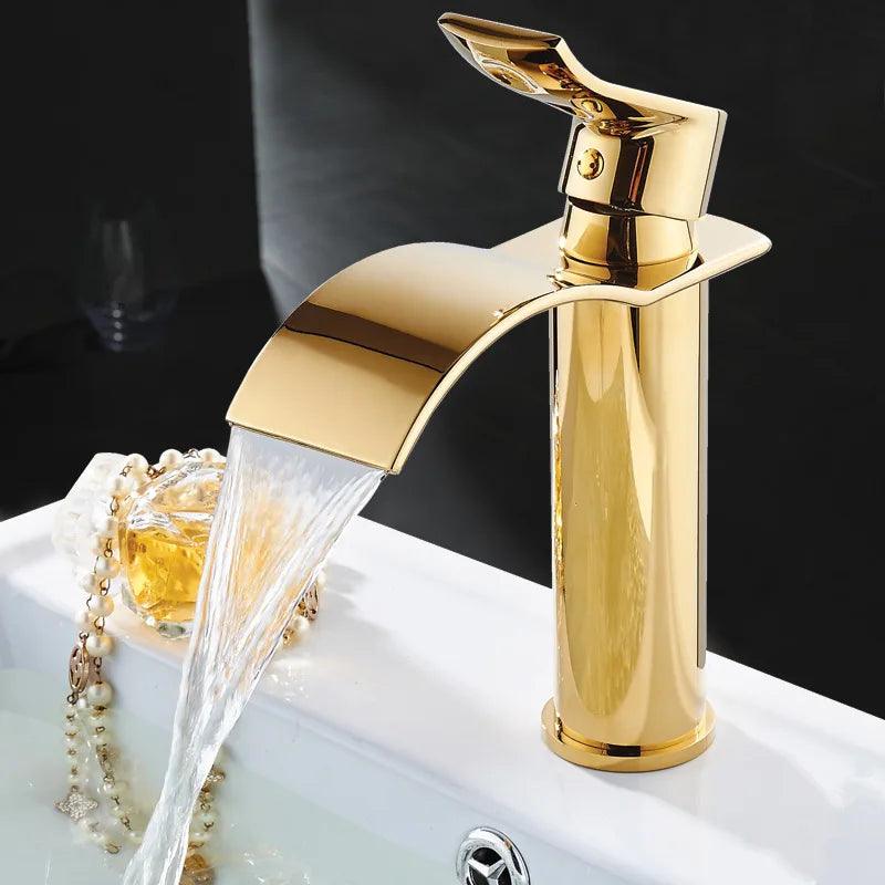 Basin Faucet Gold and white Waterfall Faucet Brass Bathroom Faucet Bathroom Basin Faucet Mixer Tap Hot and Cold Sink faucet - petguardiansupplies