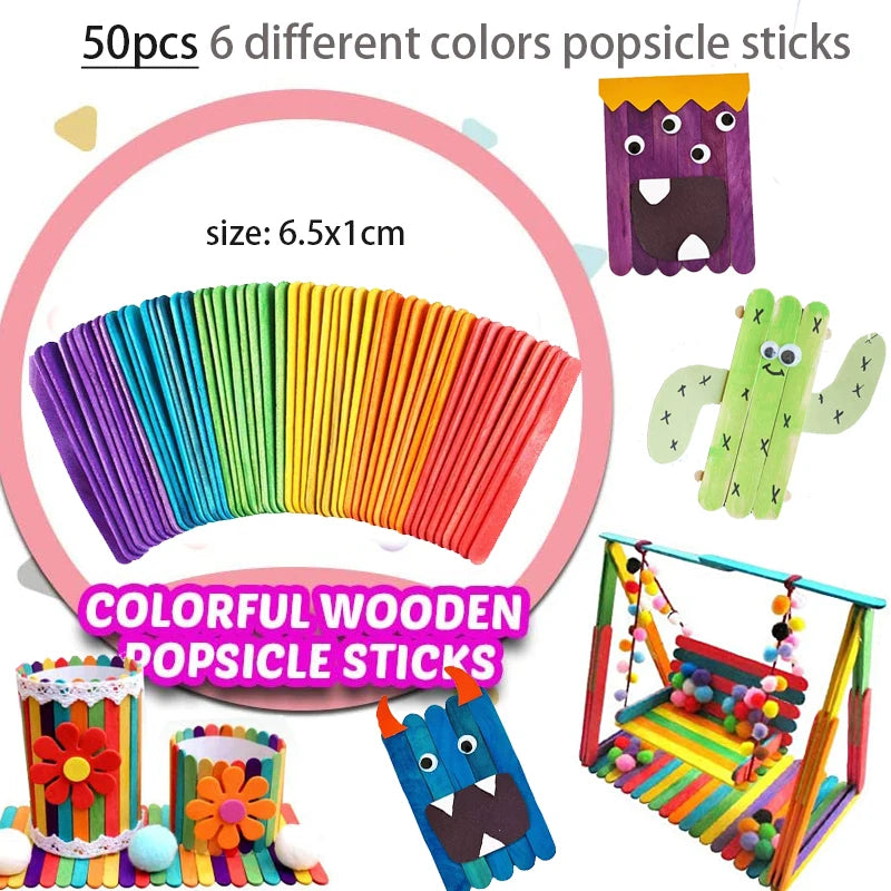 Colorful Pipe Cleaners Craft Kit Popsicle Plush Sticks Pompoms Stickers DIY Arts Supplies Children Kids Montessori Education Toy - petguardiansupplies