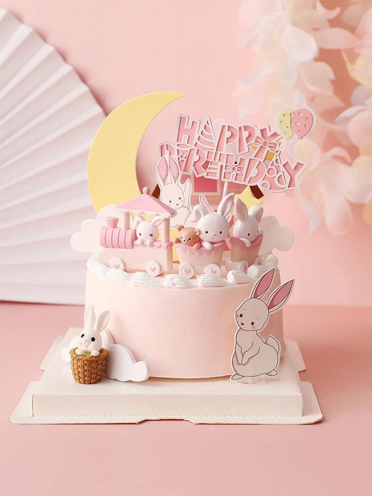 Pink Bunny Train Baby Decoration Happy Birthday Rabbit Moon Cake Topper for Children Kid Party Baking Supplies Lovely Gifts - petguardiansupplies