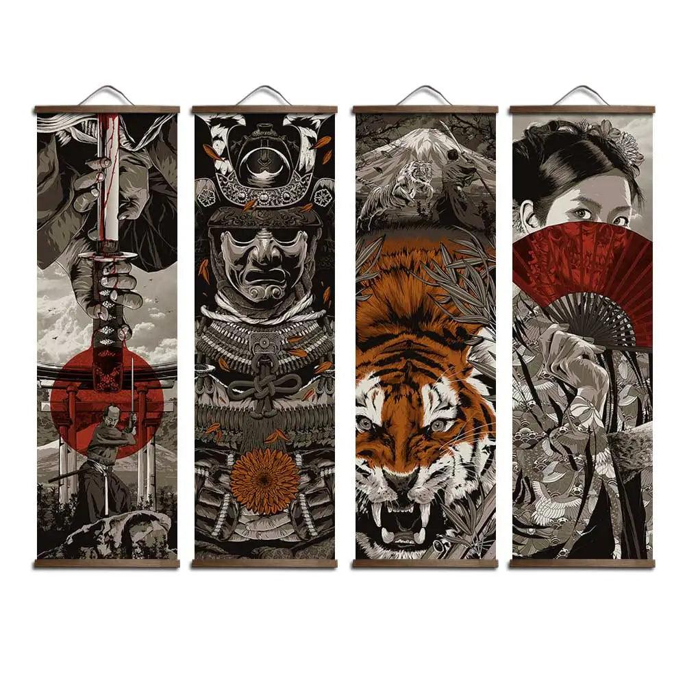 Japanese Samurai Ukiyoe Tiger Canvas Poster Pictures for Living Room Home Decor Painting Wall Art with Solid Wood Hanging Scroll - petguardiansupplies