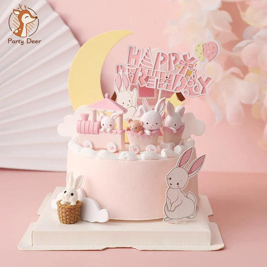 Pink Bunny Train Baby Decoration Happy Birthday Rabbit Moon Cake Topper for Children Kid Party Baking Supplies Lovely Gifts - petguardiansupplies