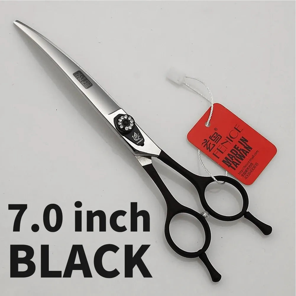 Fenice 7.0 7.5 8.0 Inch Professional Black Grooming Scissors Curved Shear for Teddy/Pomeranian Dogs Pet Grooming Tools JP 440C - petguardiansupplies