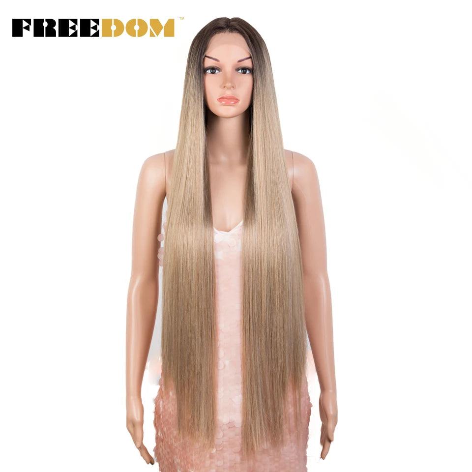 FREEDOM Synthetic Lace Front Wigs For Women Super Long 38Inch Ombre Blonde Highlight Ginger Straight Lace Wigs Cosplay Wigs - petguardiansupplies