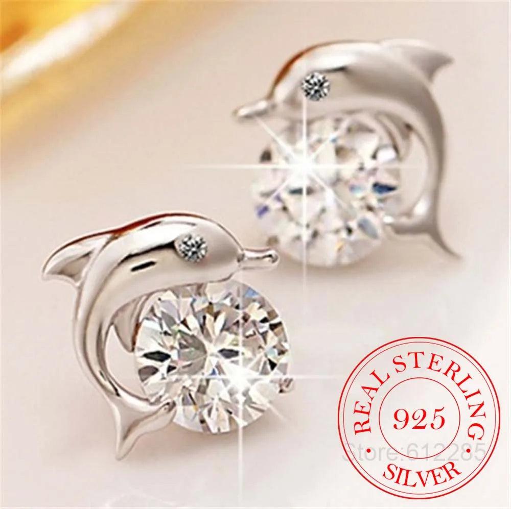 Cute Romantic Dolphin Love Stud Earrings For Women High Quality 925 Jewelry Stering Silver Round Cut AAA Zircon Brinco Bijoux - petguardiansupplies