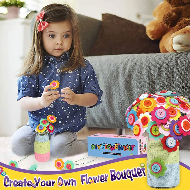 Flower Craft Kit Bouquet with Buttons and Felt Flowers Vase Art Toy Craft Project Children Kid DIY Activity Toys Boys Girls Gift - petguardiansupplies