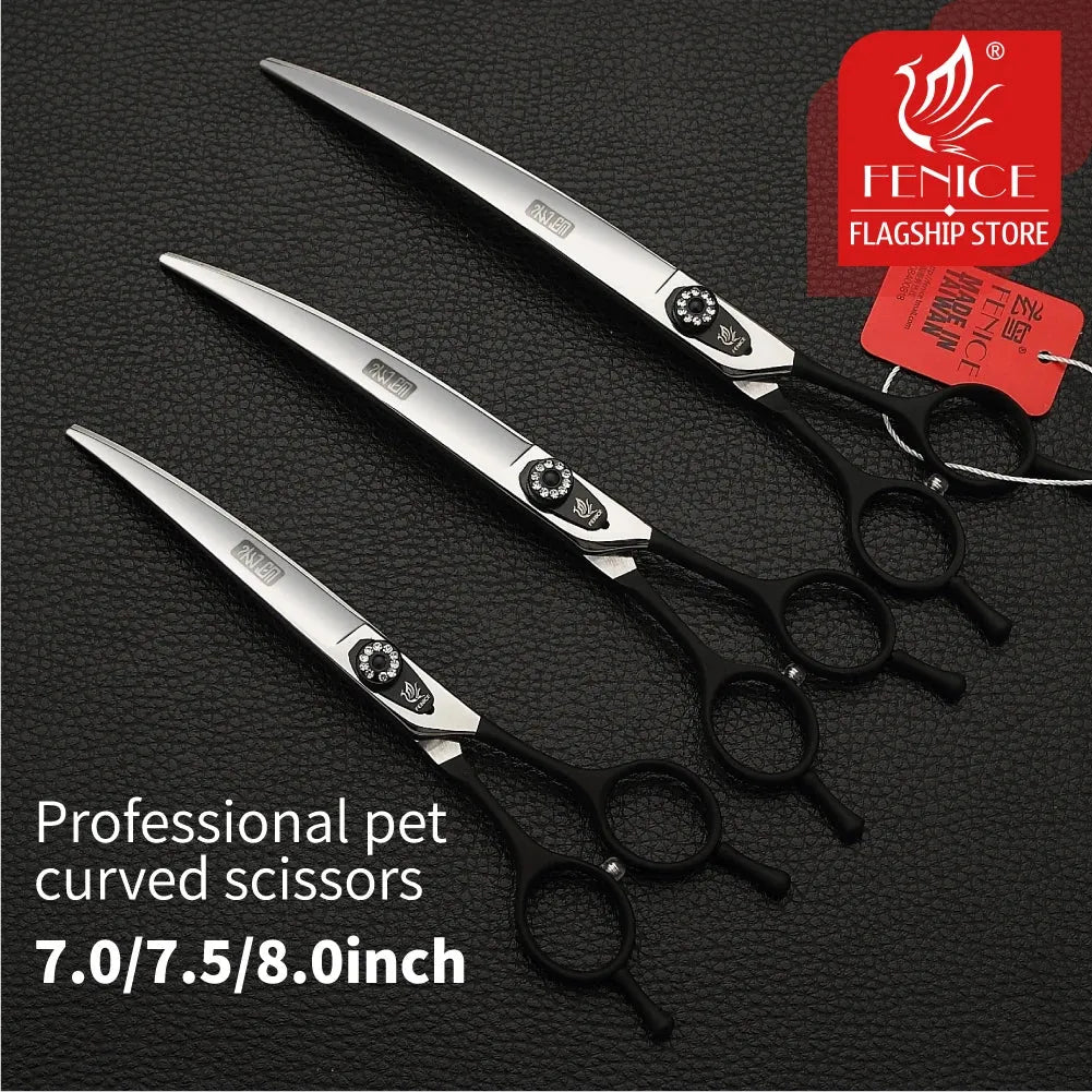 Fenice 7.0 7.5 8.0 Inch Professional Black Grooming Scissors Curved Shear for Teddy/Pomeranian Dogs Pet Grooming Tools JP 440C - petguardiansupplies