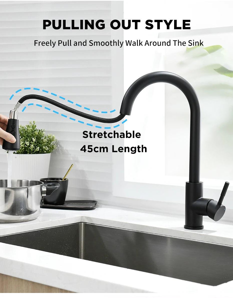 Kitchen Faucets Black Single Handle Pull Out Kitchen Tap Single Hole Handle Swivel 360 Degree Water Mixer Tap Mixer Tap 408906 - petguardiansupplies