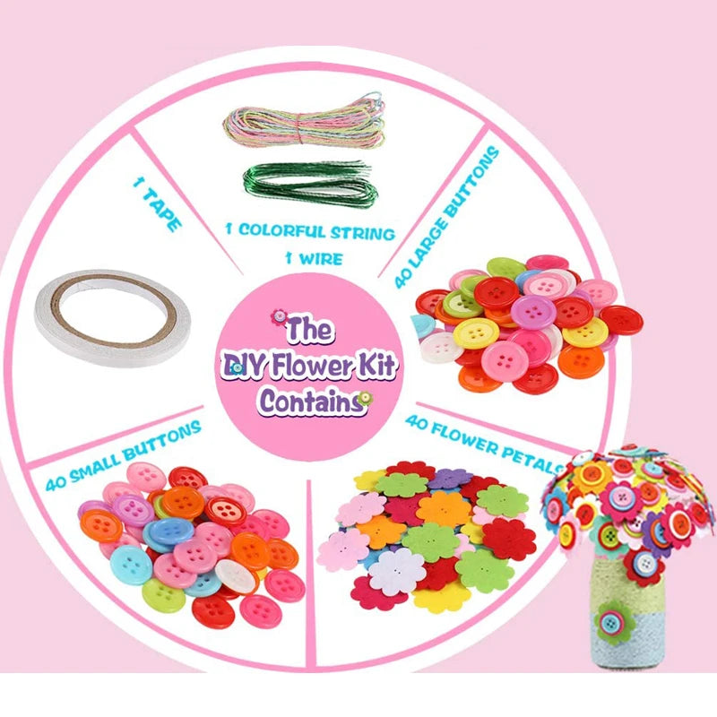 Flower Craft Kit Bouquet with Buttons and Felt Flowers Vase Art Toy Craft Project Children Kid DIY Activity Toys Boys Girls Gift - petguardiansupplies