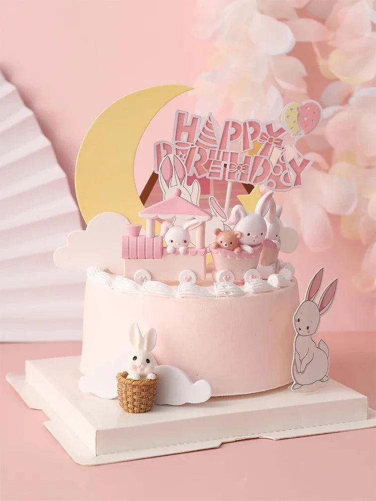 Pink Bunny Train Baby Decoration Happy Birthday Rabbit Moon Cake Topper for Children Kid Party Baking Supplies Lovely Gifts - petguardiansupplies