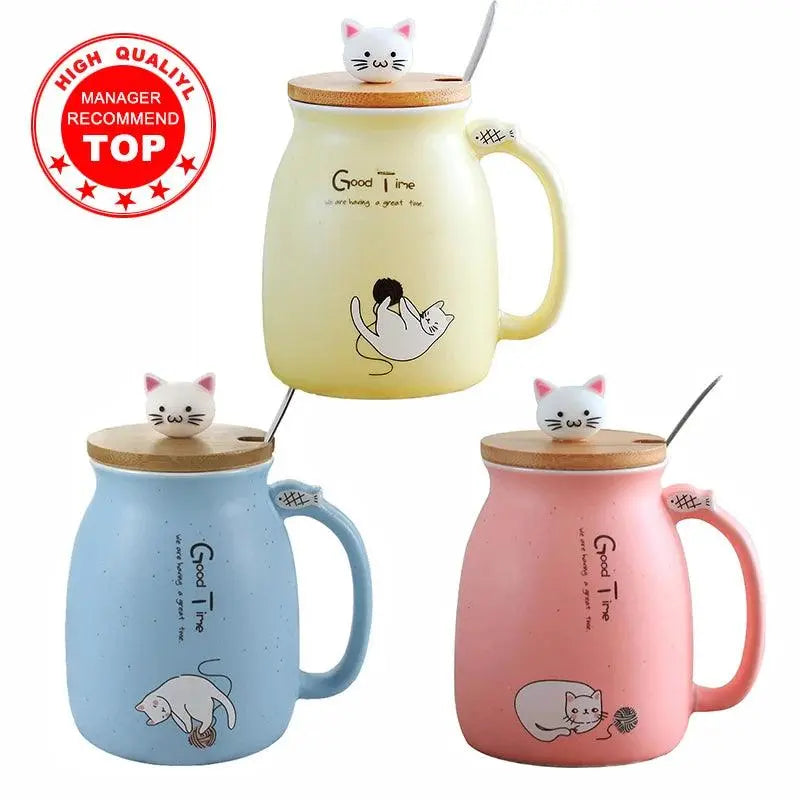 Creative color cat heat-resistant Mug cartoon with lid 450ml cup kitten coffee ceramic mugs children cup office Drinkware gift - petguardiansupplies