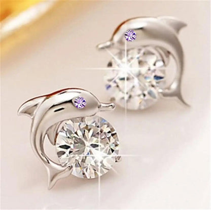 Cute Romantic Dolphin Love Stud Earrings For Women High Quality 925 Jewelry Stering Silver Round Cut AAA Zircon Brinco Bijoux - petguardiansupplies