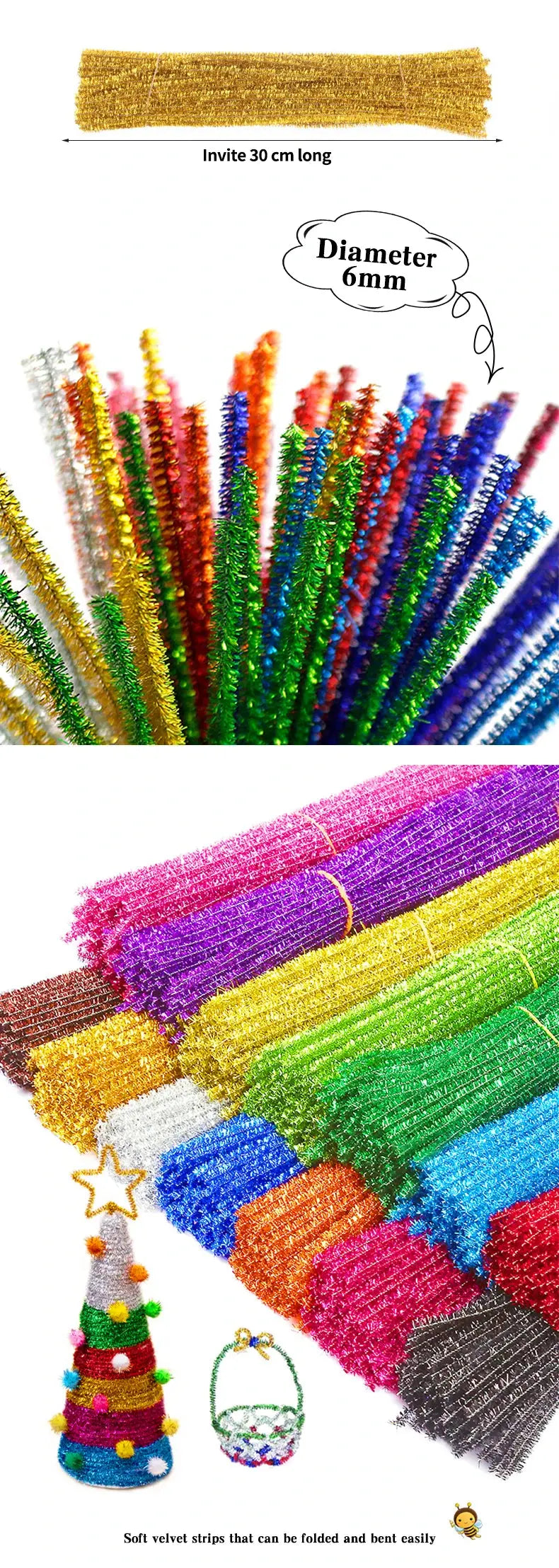 30/50/100pcs Glitter Chenille Stems Pipe Cleaners Plush Tinsel Stems Wired Sticks Kids Educational DIY Craft Supplies Toys Craft - petguardiansupplies