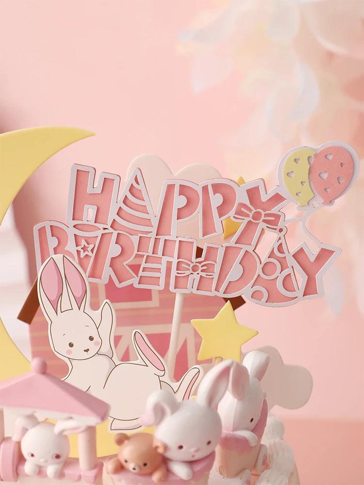 Pink Bunny Train Baby Decoration Happy Birthday Rabbit Moon Cake Topper for Children Kid Party Baking Supplies Lovely Gifts - petguardiansupplies