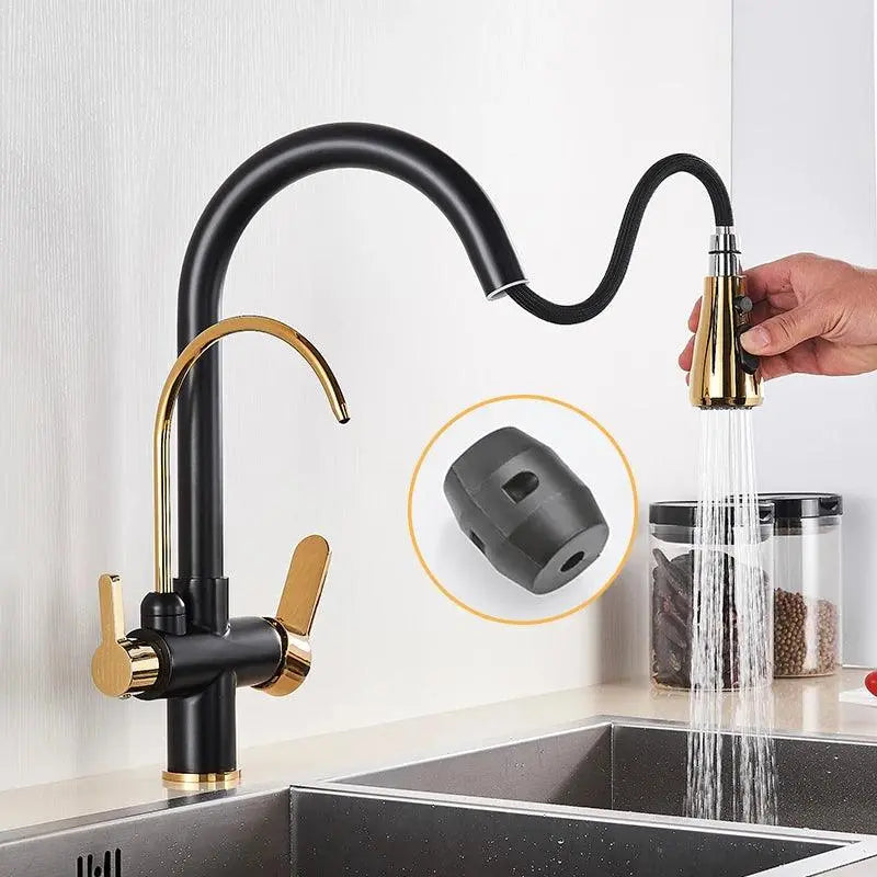 Black and Golden Filtered Crane For Kitchen Pull Out Sprayer  drinking water Three Ways Water Filter Tap Kitchen Faucet hot cold - petguardiansupplies