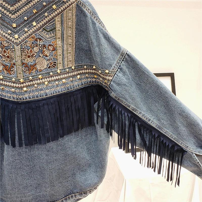 Denim Jacket Korean Floral Embroidery Suede Fringe Loose Chaquetas Mujer Coat Long Sleeve Outerwear Women Veste Femme - petguardiansupplies