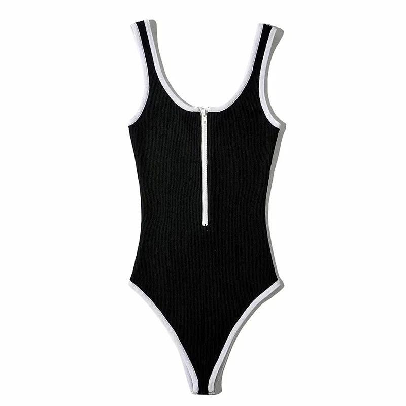 Women's slim fit sports sports black retro bodysuit jumpsuit women's zipper solid color waistless sexy jumpsuit 2022 y2k Toops - petguardiansupplies