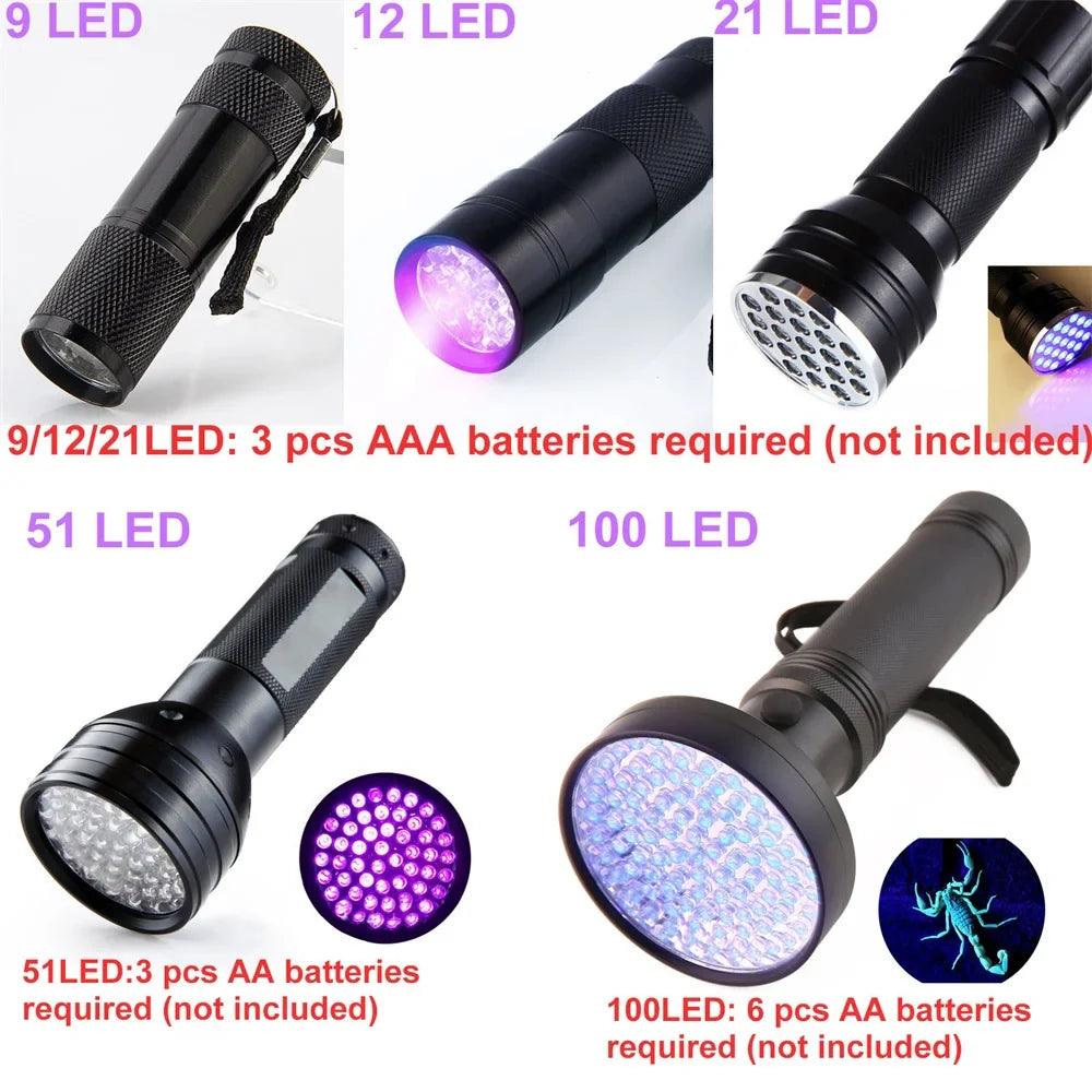 Ultraviolet Blacklight LED UV Light Lamp Torch Detector for Dog Urine Stains Outdoor Waterproof Aluminum 9-100 LED UV Flashlight - petguardiansupplies