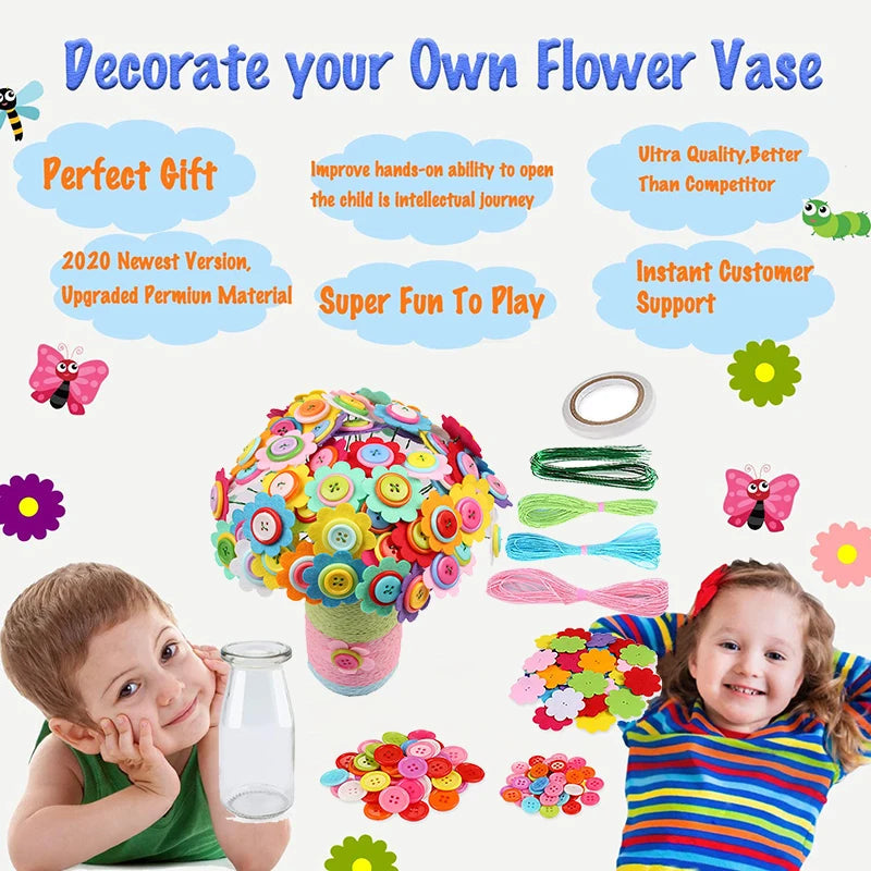 Flower Craft Kit Bouquet with Buttons and Felt Flowers Vase Art Toy Craft Project Children Kid DIY Activity Toys Boys Girls Gift - petguardiansupplies