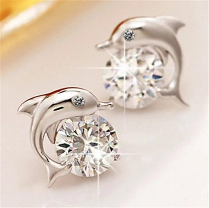 Cute Romantic Dolphin Love Stud Earrings For Women High Quality 925 Jewelry Stering Silver Round Cut AAA Zircon Brinco Bijoux - petguardiansupplies