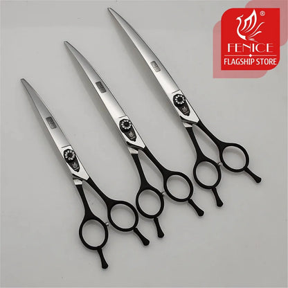 Fenice 7.0 7.5 8.0 Inch Professional Black Grooming Scissors Curved Shear for Teddy/Pomeranian Dogs Pet Grooming Tools JP 440C - petguardiansupplies