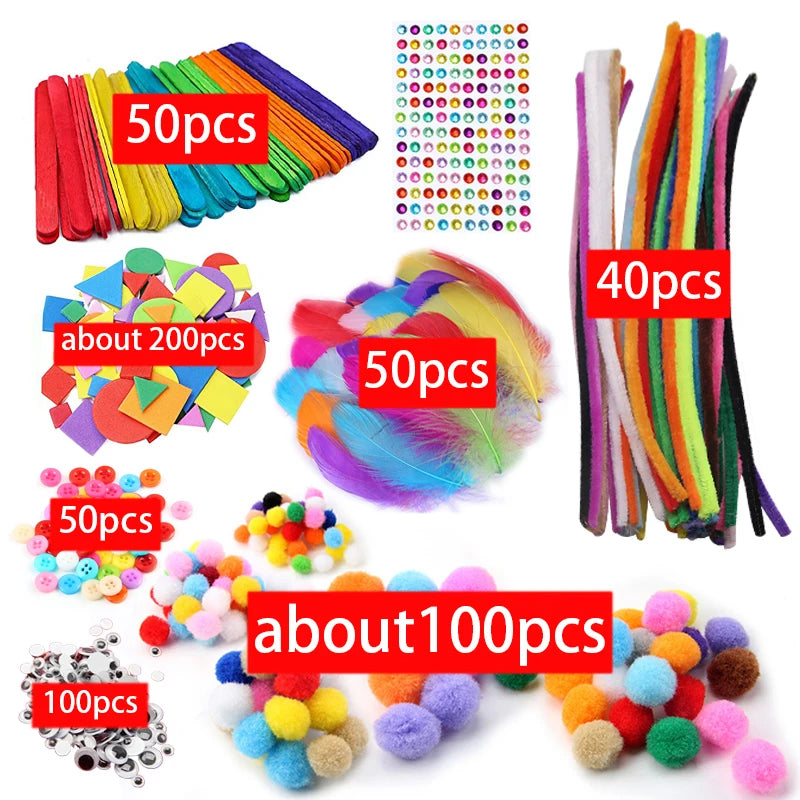 Colorful Pipe Cleaners Craft Kit Popsicle Plush Sticks Pompoms Stickers DIY Arts Supplies Children Kids Montessori Education Toy - petguardiansupplies