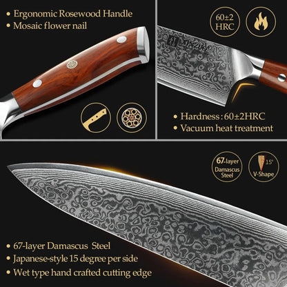 XINZUO 1PCS or 3PCS Kitchen Knife Sets Japanese Forged Damascus Steel Chef Santoku Knives Stainless Steel Rosewood Handle - petguardiansupplies