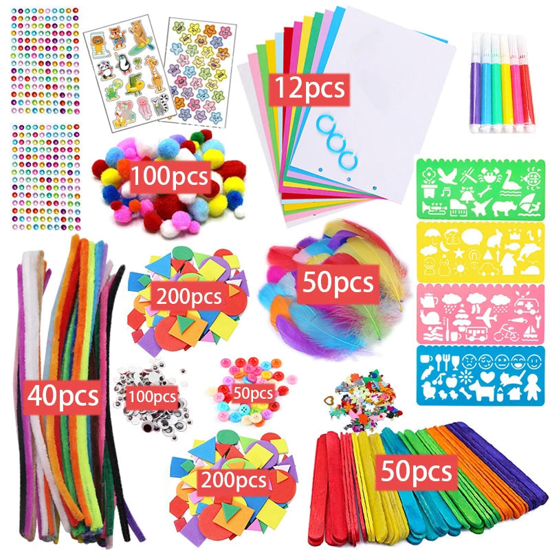 Colorful Pipe Cleaners Craft Kit Popsicle Plush Sticks Pompoms Stickers DIY Arts Supplies Children Kids Montessori Education Toy - petguardiansupplies