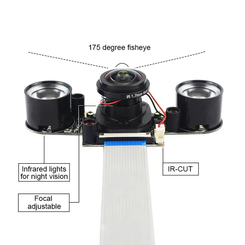 Raspberry Pi 175° IR-CUT Camera Night Vision Focal Adjustable 5MP Fish Eye Auto Switch Day Night for Raspberry Pi 5 4B 3B+ Zero - petguardiansupplies