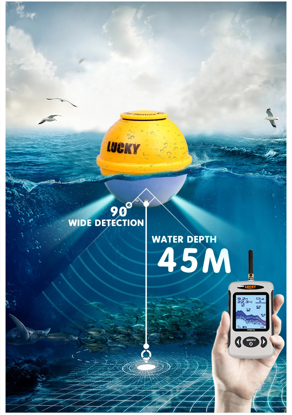 Lucky FFW718& FFW718LA Wireless Portable Fish Finder 45M/135FT Sonar Depth Sounder Alarm Ocean River Lake - petguardiansupplies