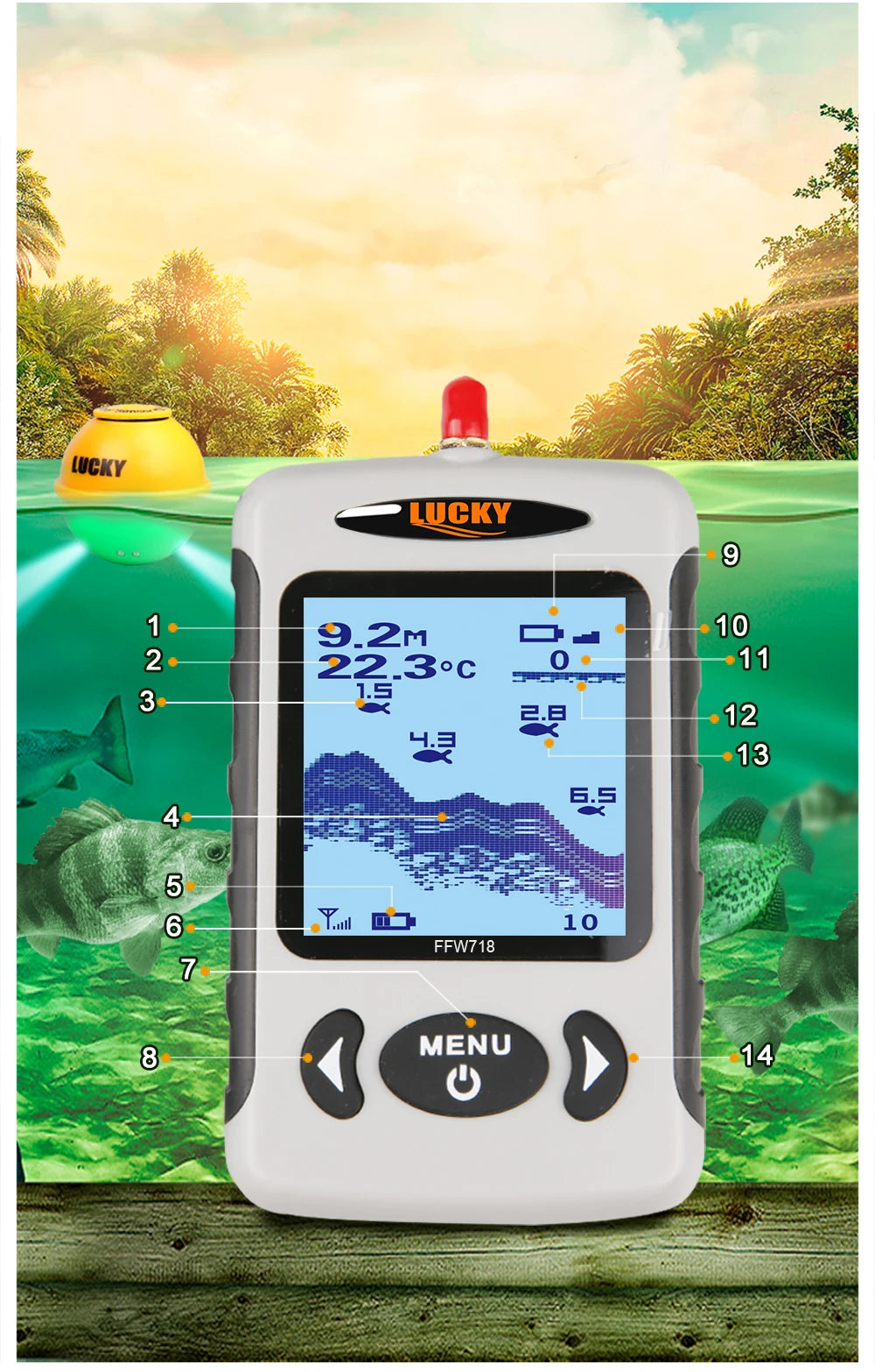 Lucky FFW718& FFW718LA Wireless Portable Fish Finder 45M/135FT Sonar Depth Sounder Alarm Ocean River Lake - petguardiansupplies