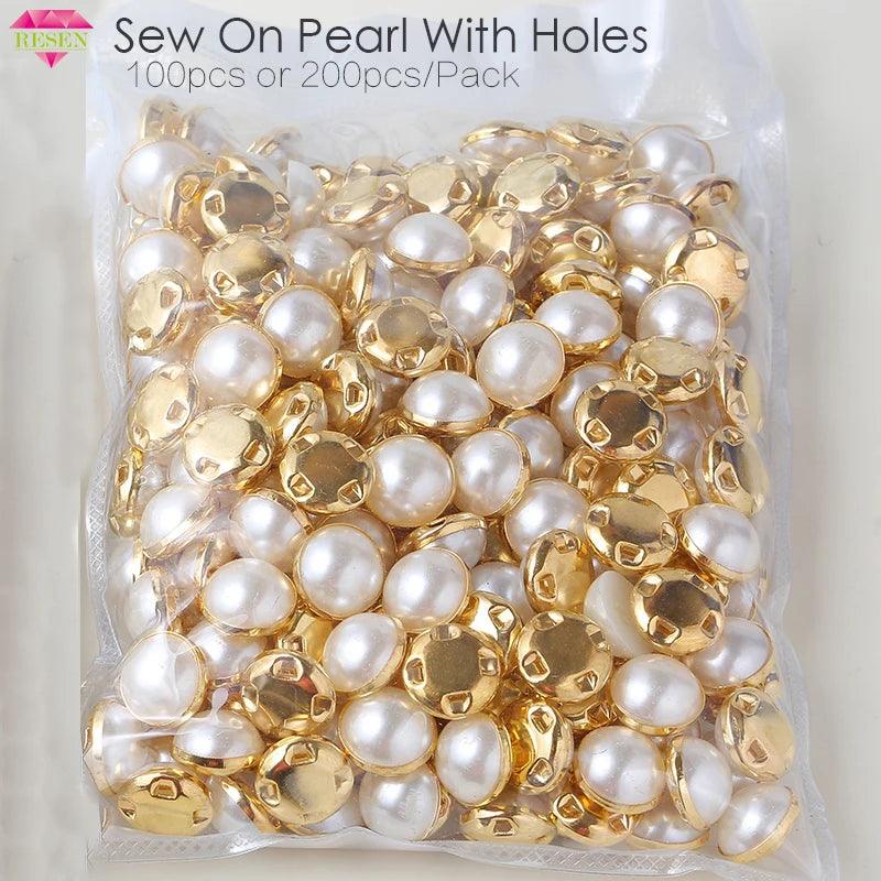 RESEN 6mm 8mm,10mm,12mm Sew On Pearls For Dresses With Claw Gold/Sliver Claw Rhinestones Round Pearl Button Sew On Stones - petguardiansupplies