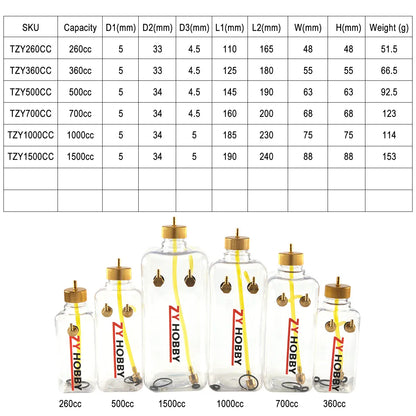 Model Airplane Fuel Tank RC Aircraft Gasoline/Petrol Nitro Transparent Tanks 260ML 360ML 500ML 700ML 1000ML 1500ML Fuel Bottles - petguardiansupplies