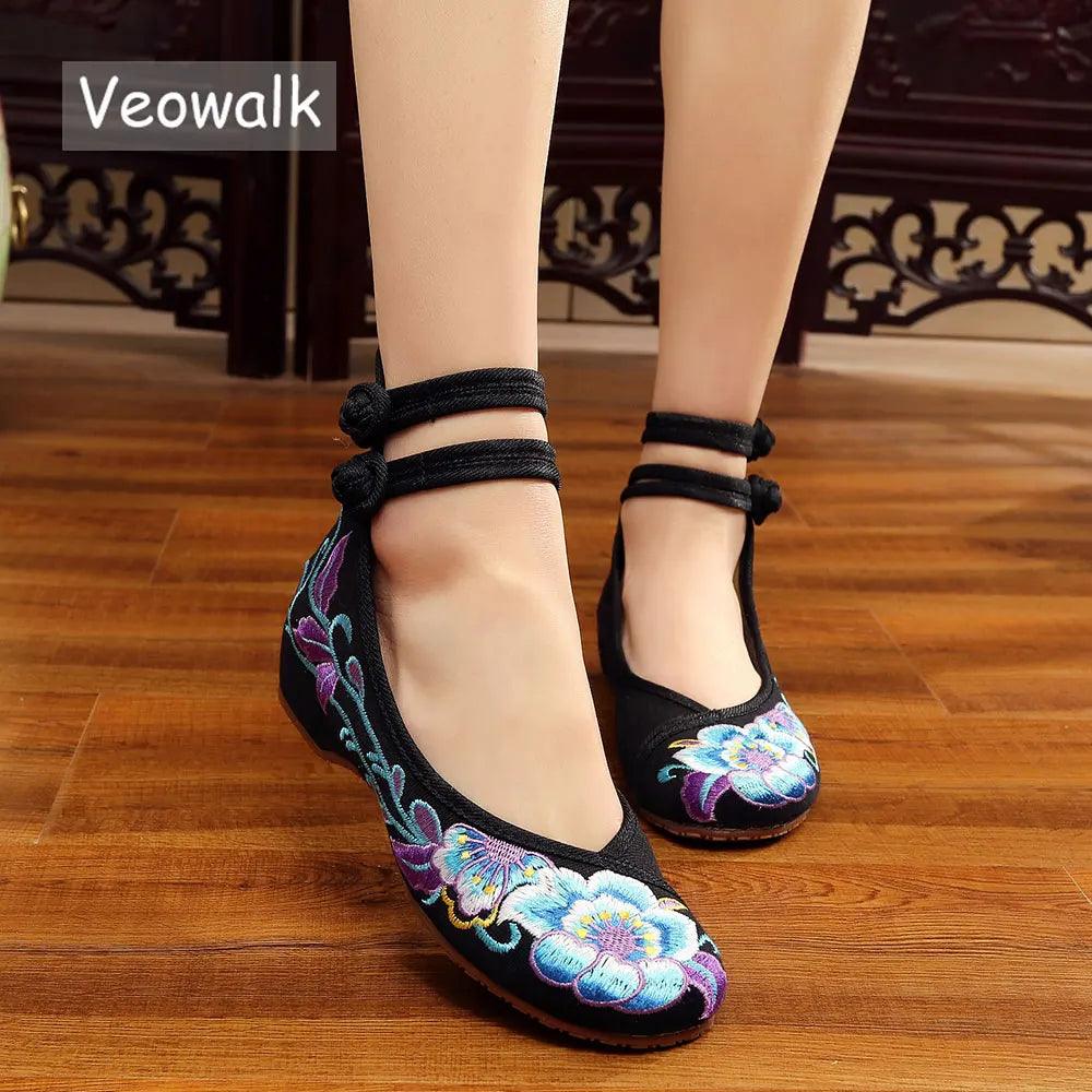 Veowalk Vintage Women Cotton Flower Embroidery Shoes Ladies Casual Chinese Style Comfortable Soft Canvas Dance Ballets Ballerina - petguardiansupplies