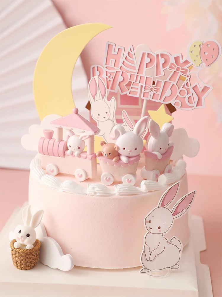 Pink Bunny Train Baby Decoration Happy Birthday Rabbit Moon Cake Topper for Children Kid Party Baking Supplies Lovely Gifts - petguardiansupplies