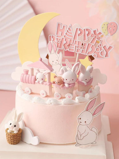 Pink Bunny Train Baby Decoration Happy Birthday Rabbit Moon Cake Topper for Children Kid Party Baking Supplies Lovely Gifts - petguardiansupplies